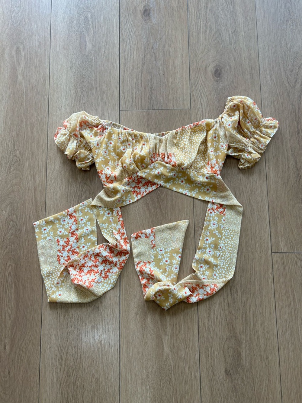 Saints + Secrets Yellow Floral Off-Shoulder Crop Top